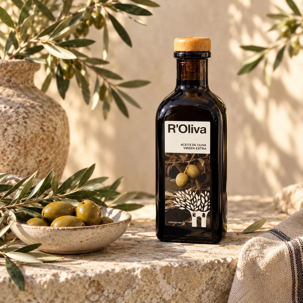 Botella de aceite junto a aceitunas y ramas de olivo